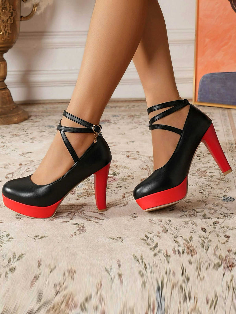 Mary Jane Farbblock Rundem Zehenriemen Klobige High Heels