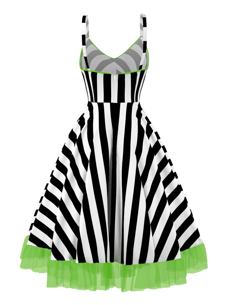 Schwarz & Weiß 1950er Beetlejuice Kostüm Streifen Fluoreszierend Grün Spitze Kleid
