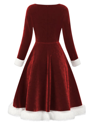 Rot 1950er Samt Plüsch & Plaid Patchwork Kleid