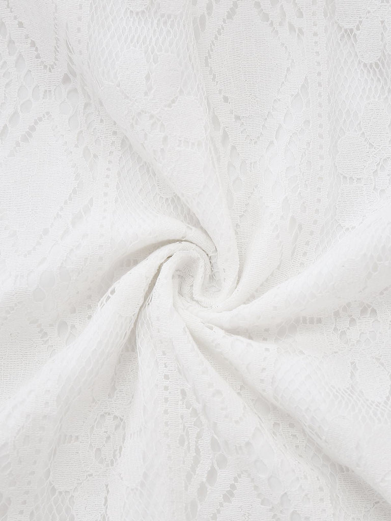 Weiß 1970er V-Ausschnitt Boho Spitze Maxi Kleid