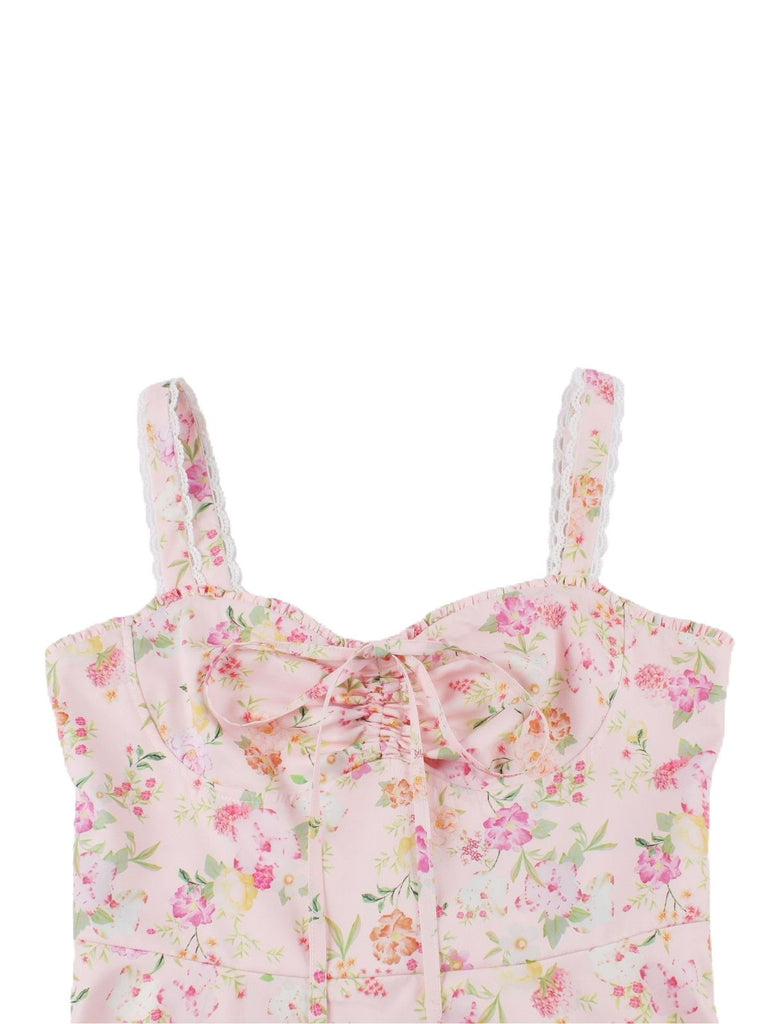 1940er Blumen Schnürung Breit-Träger Kleid