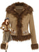 Braun 1970er Kunstwildleder Pelzbesatz Rose Bestickt Jacke