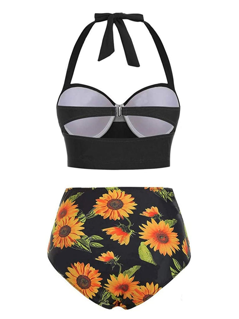 Schwarz 1950er Halter Sonnenblumen Gerafft Bikini Set