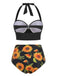 Schwarz 1950er Halter Sonnenblumen Gerafft Bikini Set
