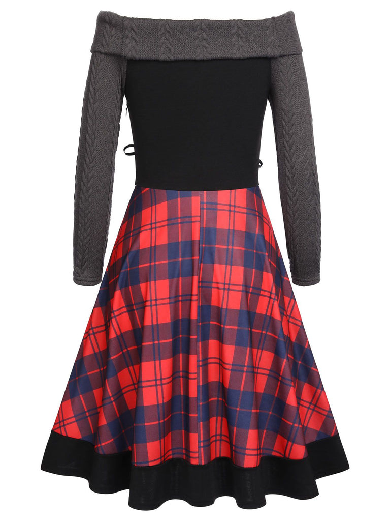 Rot 1950er Karos Gestrickt Schulterfreies Kleid