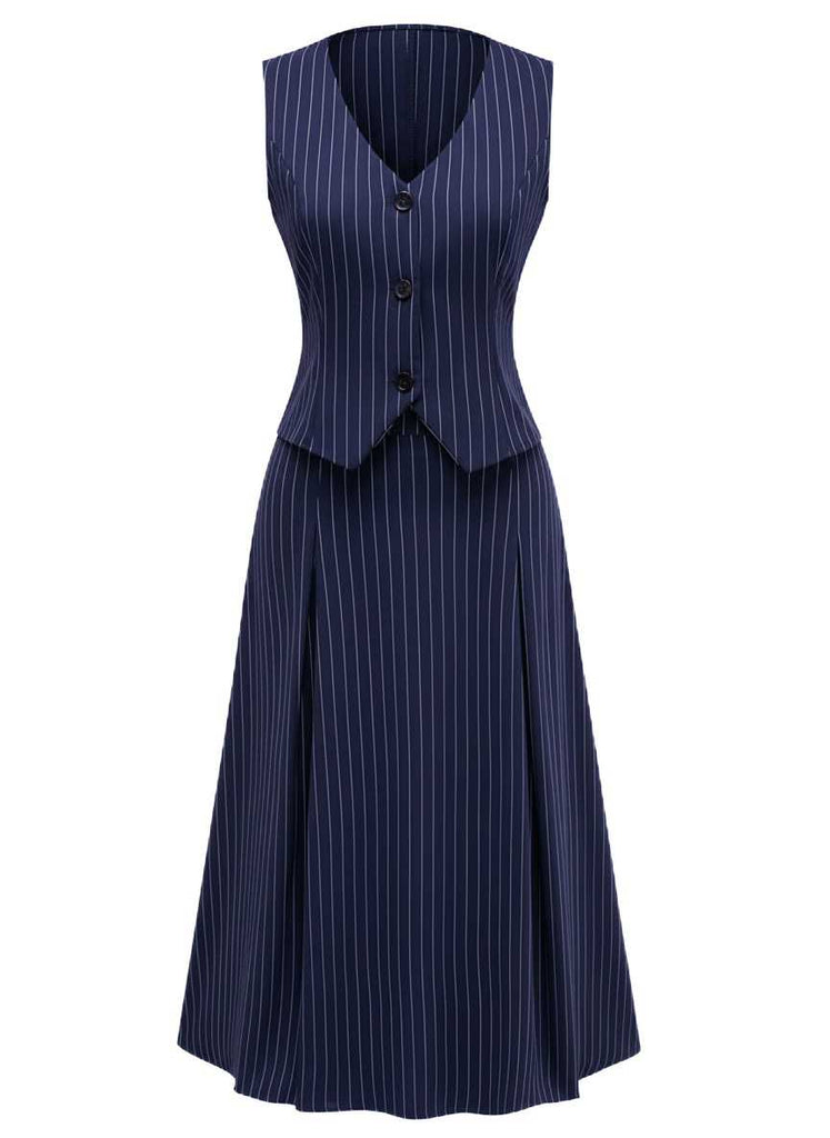 2PCS 1940er Streifen Ärmellos Weste & Midi Rock