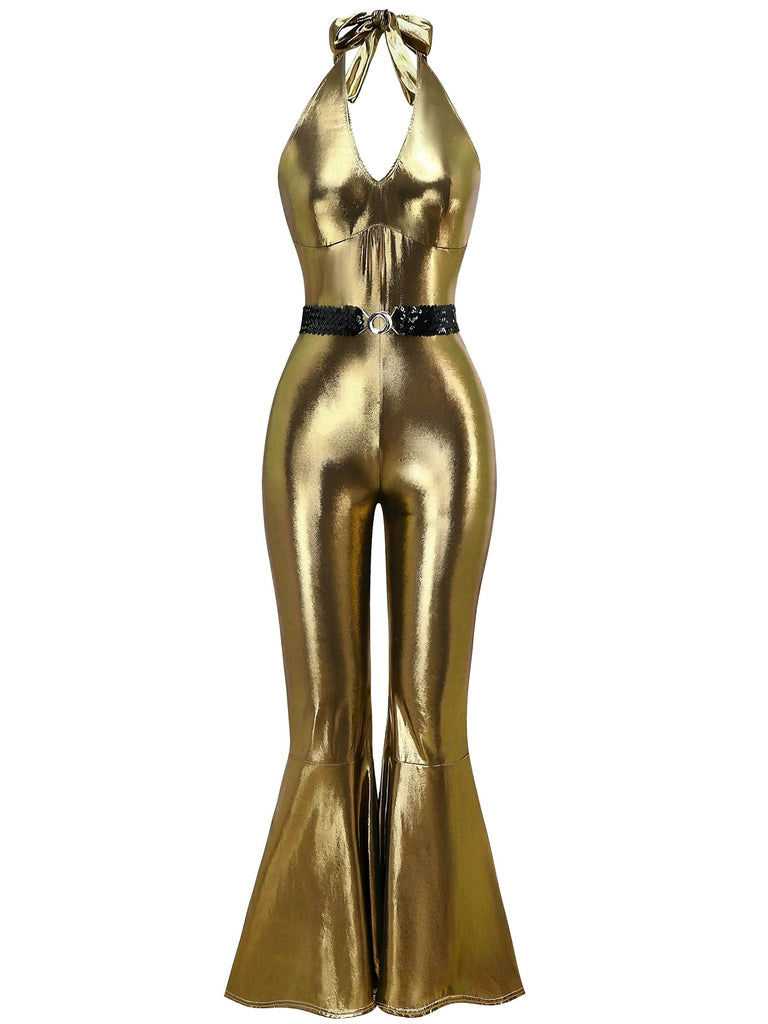 1970er Solide Metallisch Disko Halter Gürtel Jumpsuit