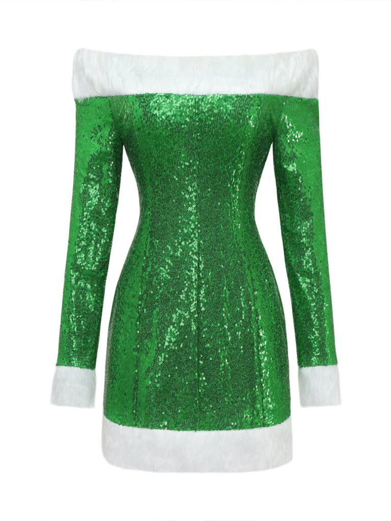 Grünes schulterfreies 80er Weihnachts-Paillettenkleid mit weißem Kunstpelzbesatz