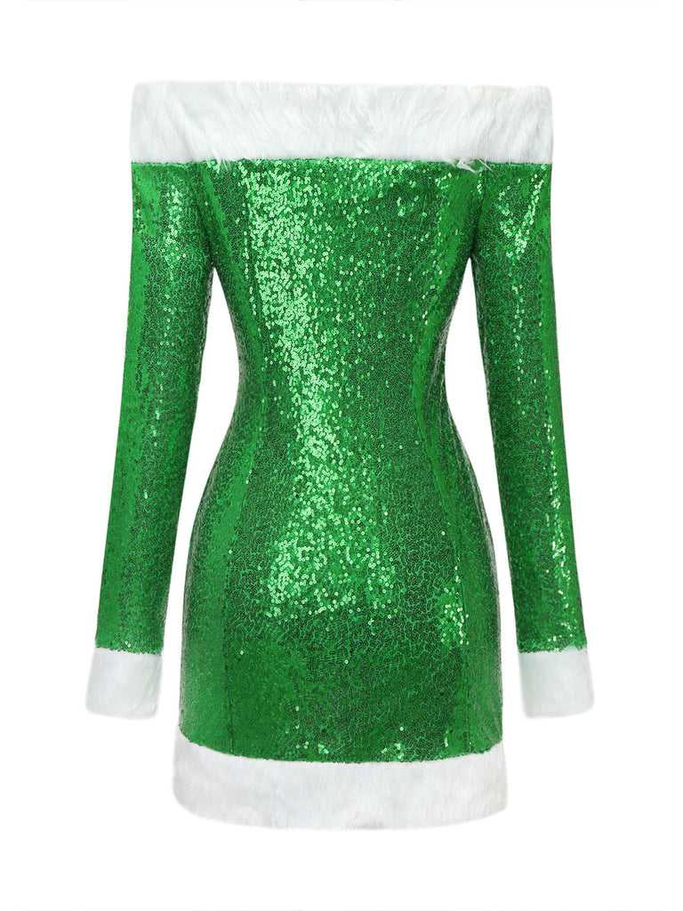 Grünes schulterfreies 80er Weihnachts-Paillettenkleid mit weißem Kunstpelzbesatz