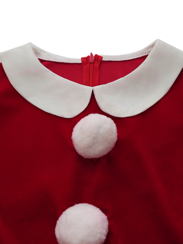 50er Weihnachts-Samtstufenkleid mit weißem Saum und Gürtel