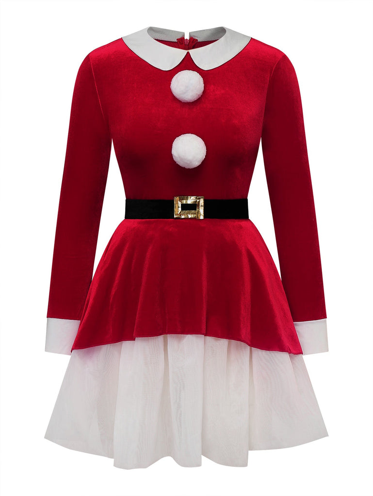 50er Weihnachts-Samtstufenkleid mit weißem Saum und Gürtel