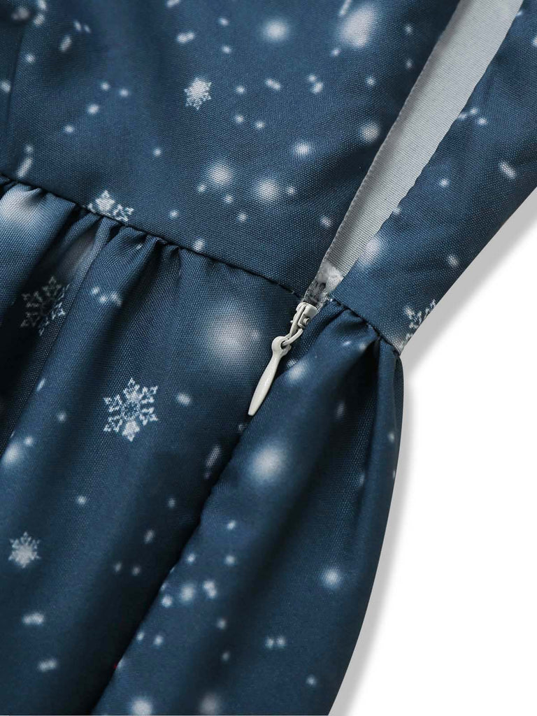 Dunkelblaues 50er Weihnachts-Midikleid mit Weihnachtsmannprint