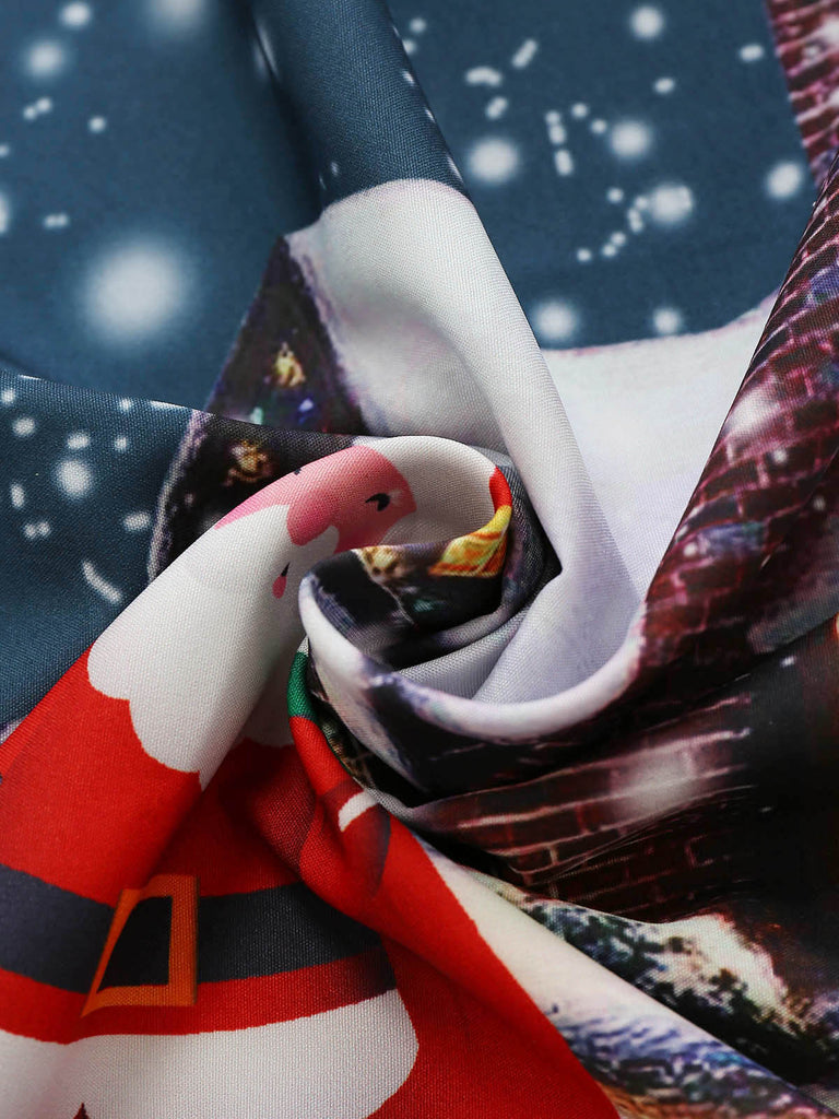 Dunkelblaues 50er Weihnachts-Midikleid mit Weihnachtsmannprint