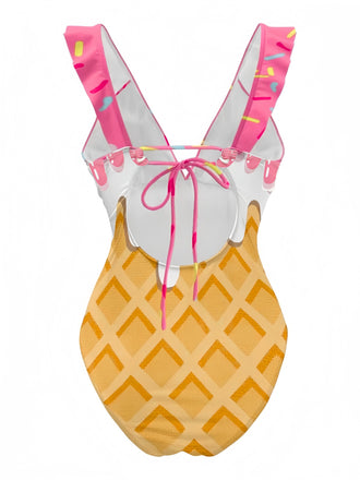 Rosa 1970er Rüschen Zurückbinden Eiscreme Badeanzug