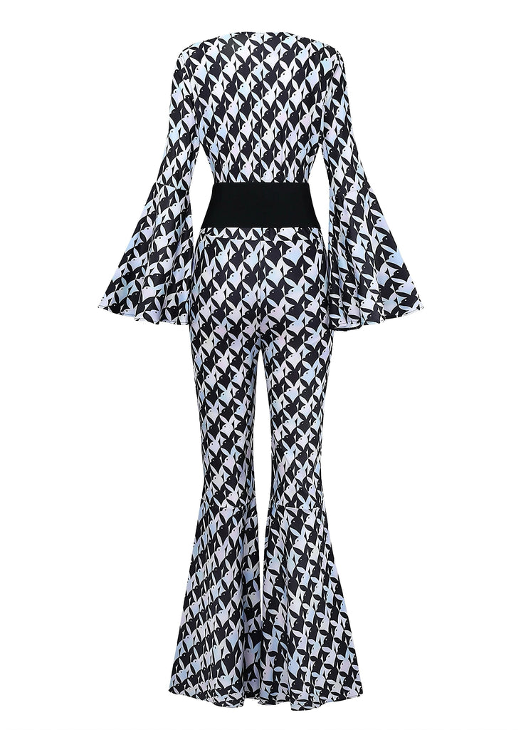 Schwarz & Weiß 1980er Hahnentritt Glockenärmel Jumpsuit