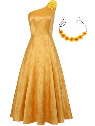 Gelb 1950er Einschultrig Jacquard Judy Cosplay 3D-Blumen Haarband Kleid