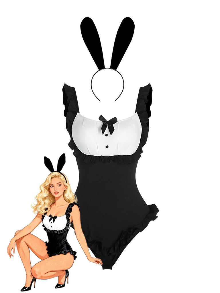 Schwarz 1980er Häschen Mädchen Body Freizeitkleidung Set