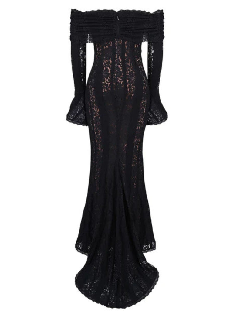 1930er Schulterfrei Spitze Trompetenärmel Maxi Meerjungfrauenkleid