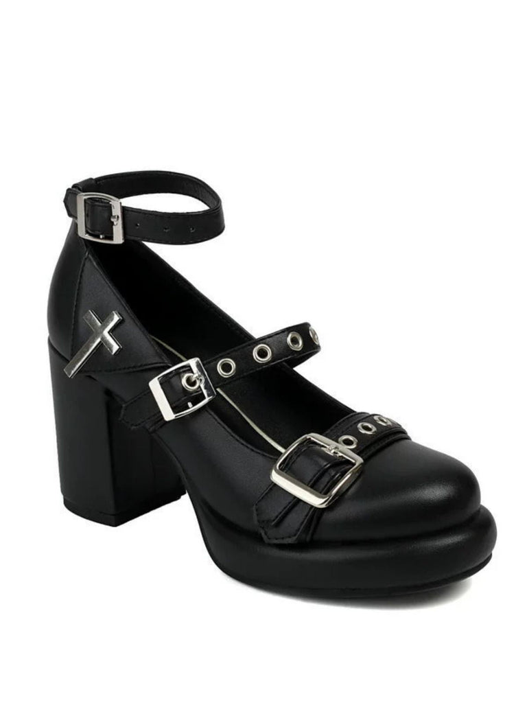 Punk Kreuzschnalle Knöchelriemen Chunky High Heels