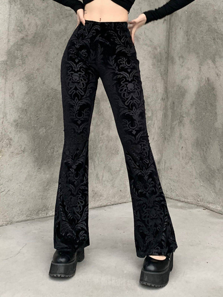 Schwarz 1980er Punk Rebe Drucken Samt Bootcut Hose