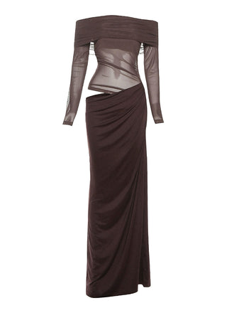 Braunes 80er einfarbiges schulterfreies Kleid aus transparentem Netz mit Cut-outs