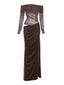 Braunes 80er einfarbiges schulterfreies Kleid aus transparentem Netz mit Cut-outs