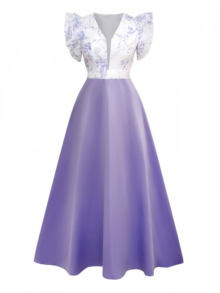 1930er Blumen Rüschenärmel V-Ausschnitt Patchwork Kleid