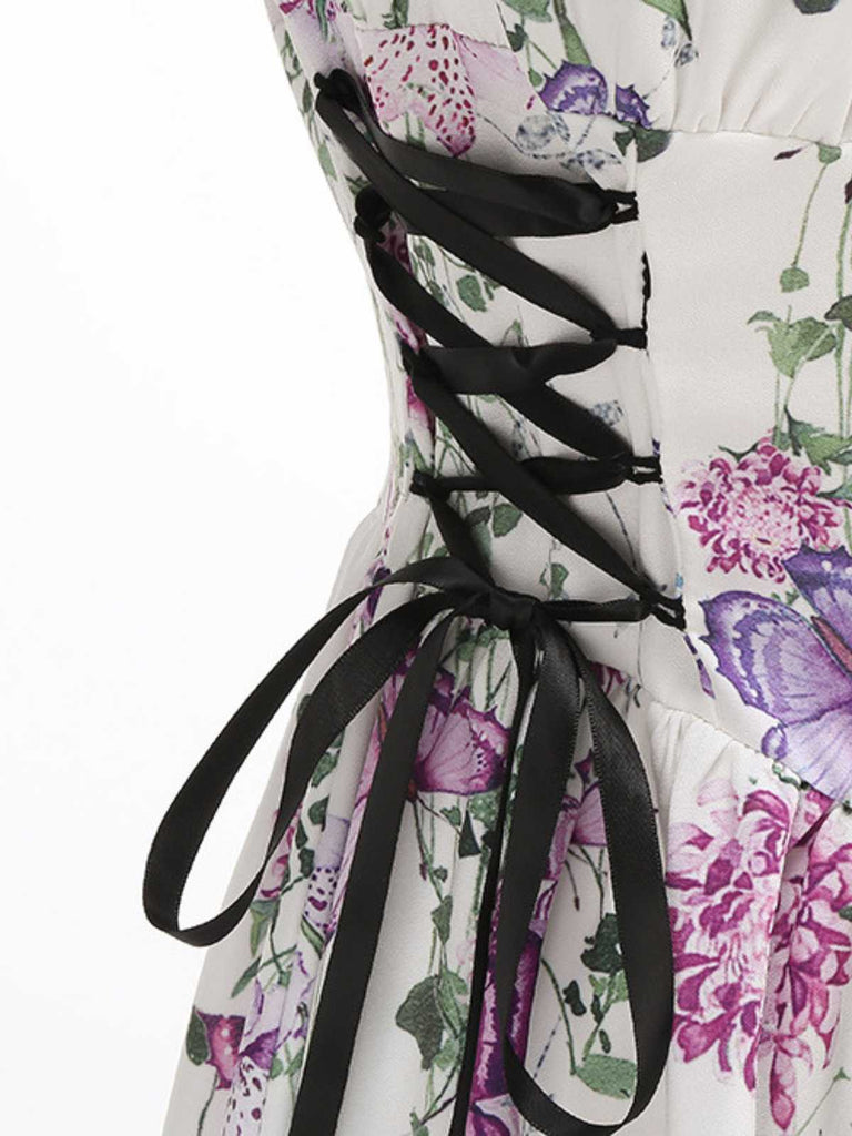 [Vorverkauf] 1950er Träger Blumen Schmetterlinge Schnürung Korsett Kleid