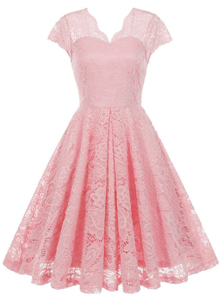 1950er Solide V-Ausschnitt Ärmellos Spitze Kleid