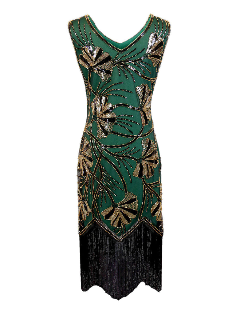 1920er V-Ausschnitt Pailletten Perlenbesatz Flapper Kleid