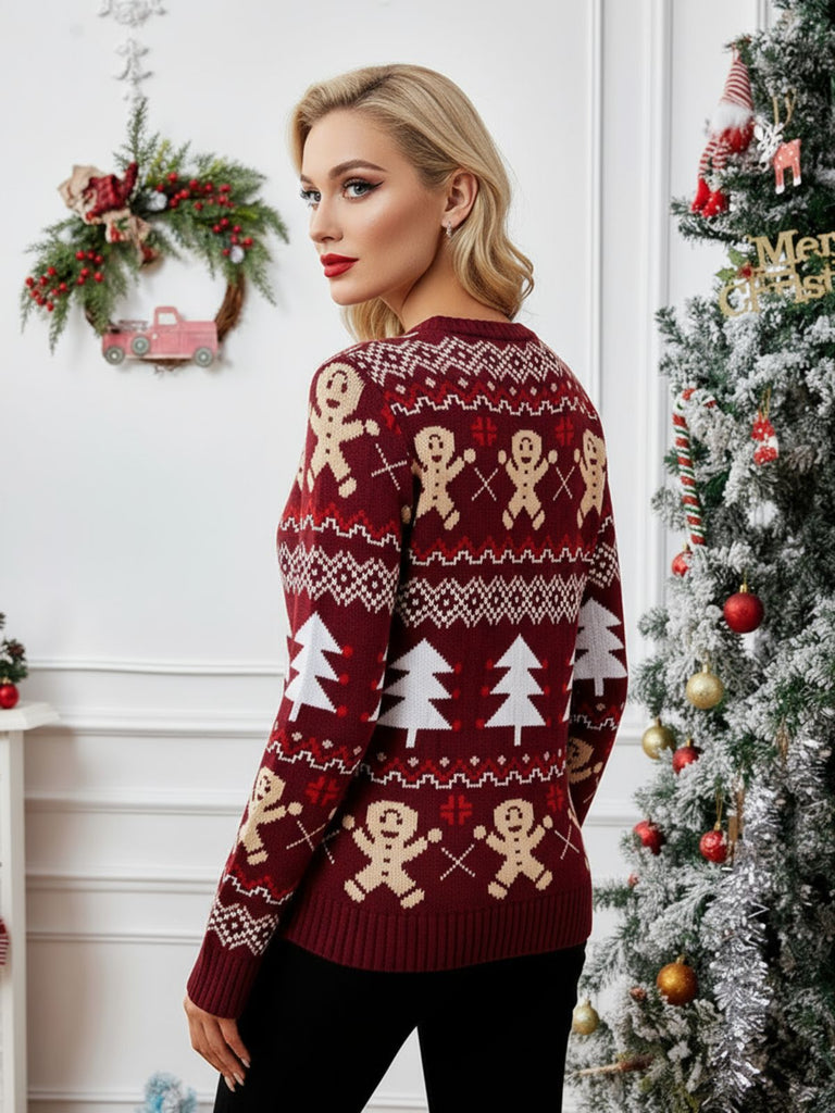 Rot 1960er Weihnachtsbaum & Lebkuchen Pullover