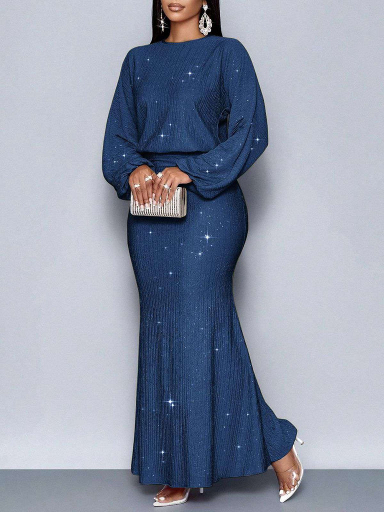 1930er Funkeln Gerüschtes Laternenärmel Stricken Fischschwanz Kleid