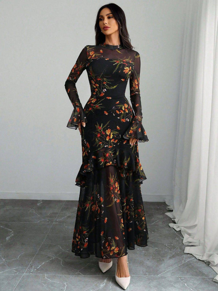 Rot 1930er Blumen Netz Rüschen Maxi Kleid