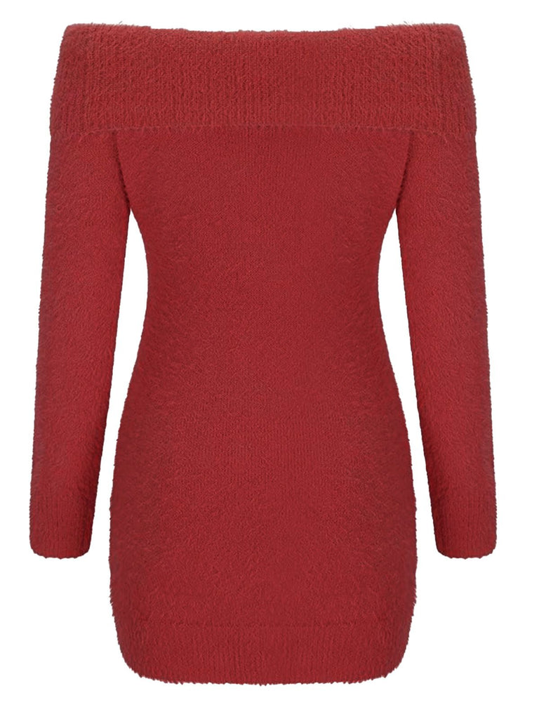 1980er Schulterfrei Mohair Lang Ärmel Kleid