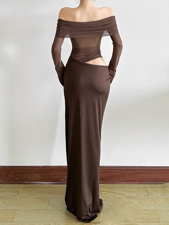 Braunes 80er einfarbiges schulterfreies Kleid aus transparentem Netz mit Cut-outs
