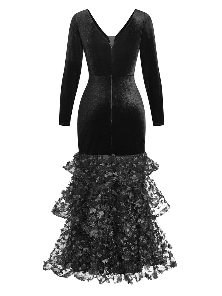 Schwarzes 80er Meerjungfrauenkleid mit Blumen und Rüschen