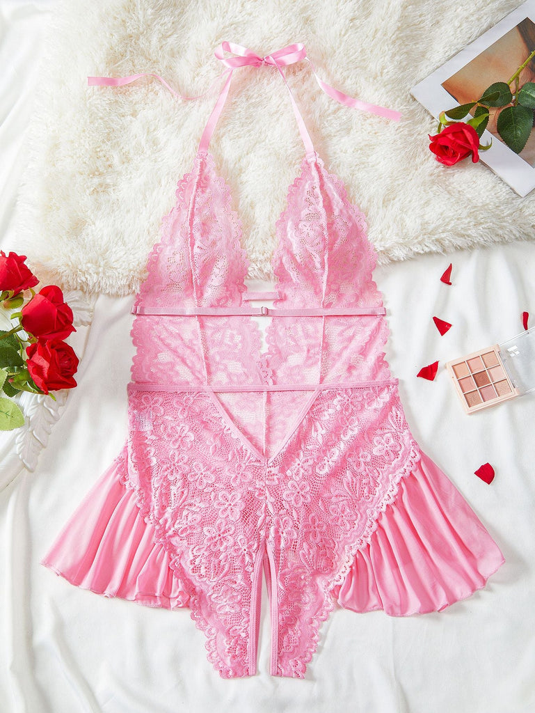 1980er Halter Spitze Dessous mit Leopard Druck Rock