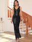 Schwarz 1920er Pailletten V-Ausschnitt Maxi Kleid