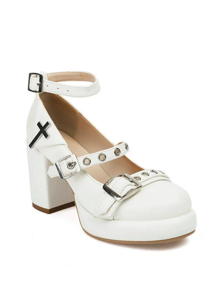 Punk Kreuzschnalle Knöchelriemen Chunky High Heels