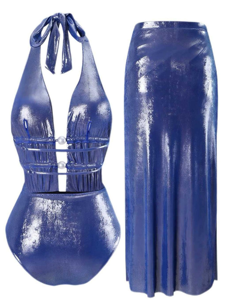 Blau 1970er Perle Schimmernd Halfter Badeanzug & Cover-Up