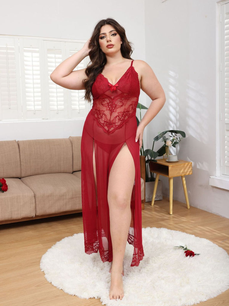 [Übergröße] 1930er Netz Spitze Spaghetti Träger Schlitz Nachthemd