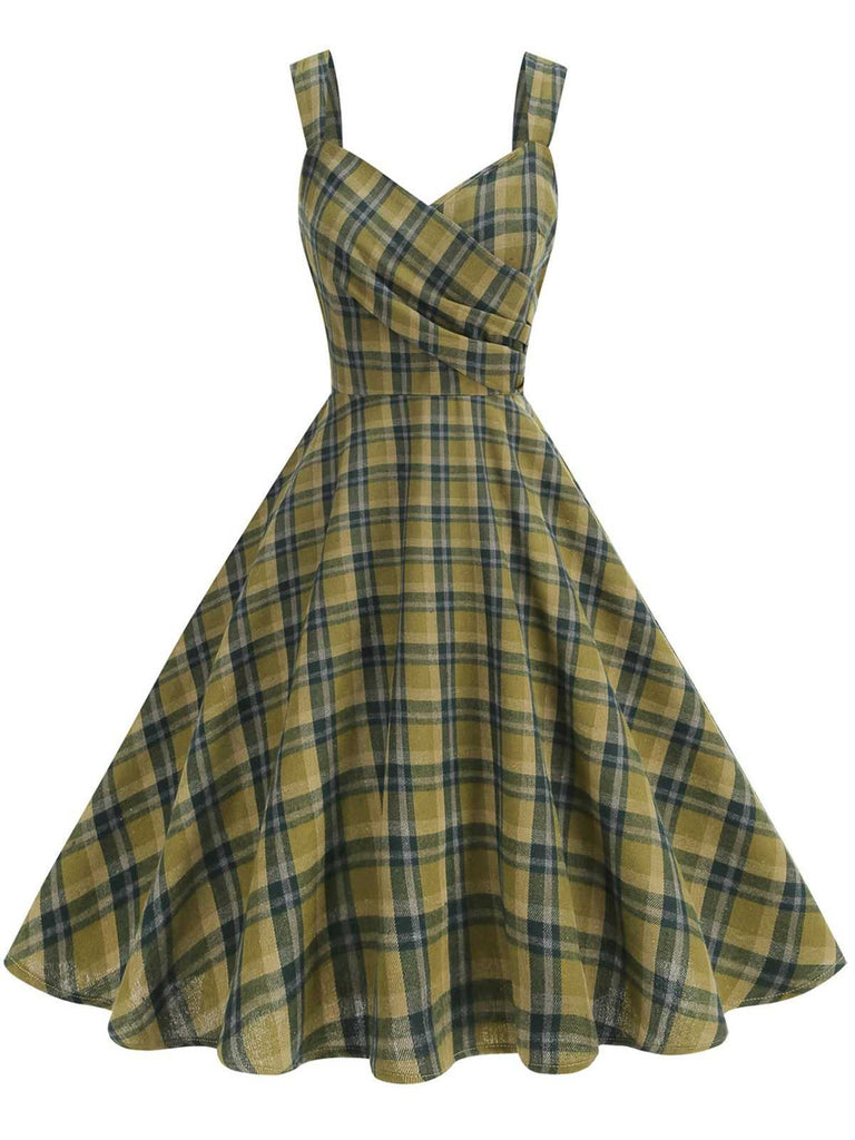 1950er Slip V-Ausschnitt Plaid Swing Kleid