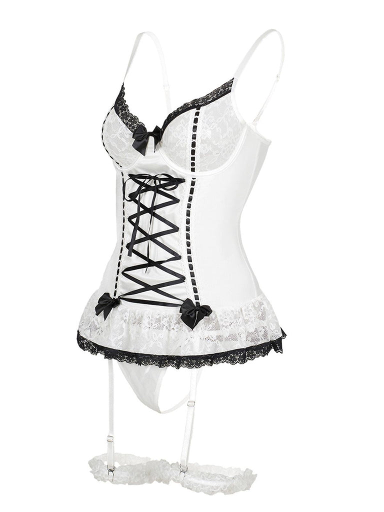 1970er Kontrastiert Spitze Netz Bogen Schnürung Dessous Set