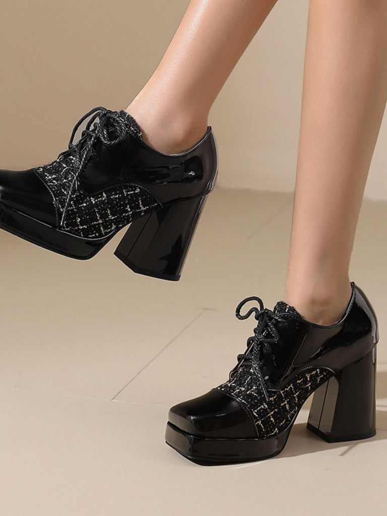 Mary Jane Kariert Quadratisch Zehen Block Absatz Schuhe