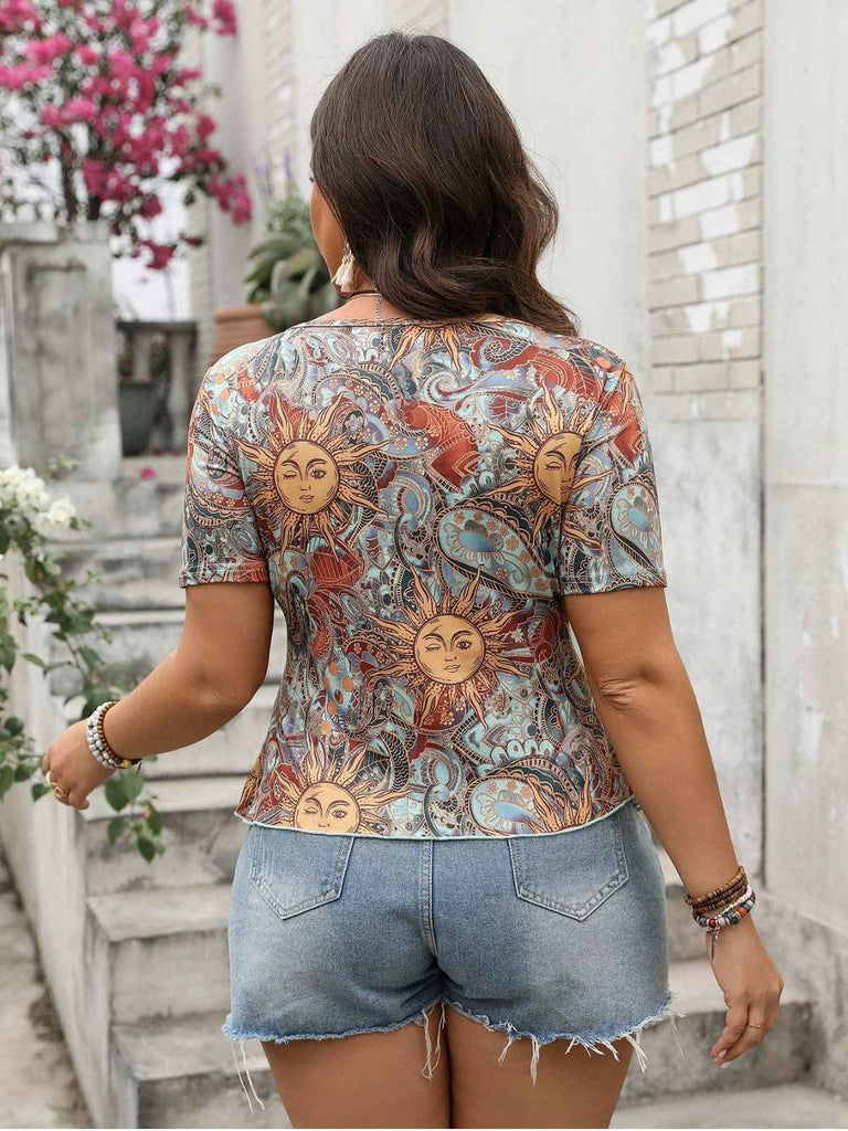 [Übergröße] Multicolor 1970S Boho Sonnendruck Bogen-Front Top