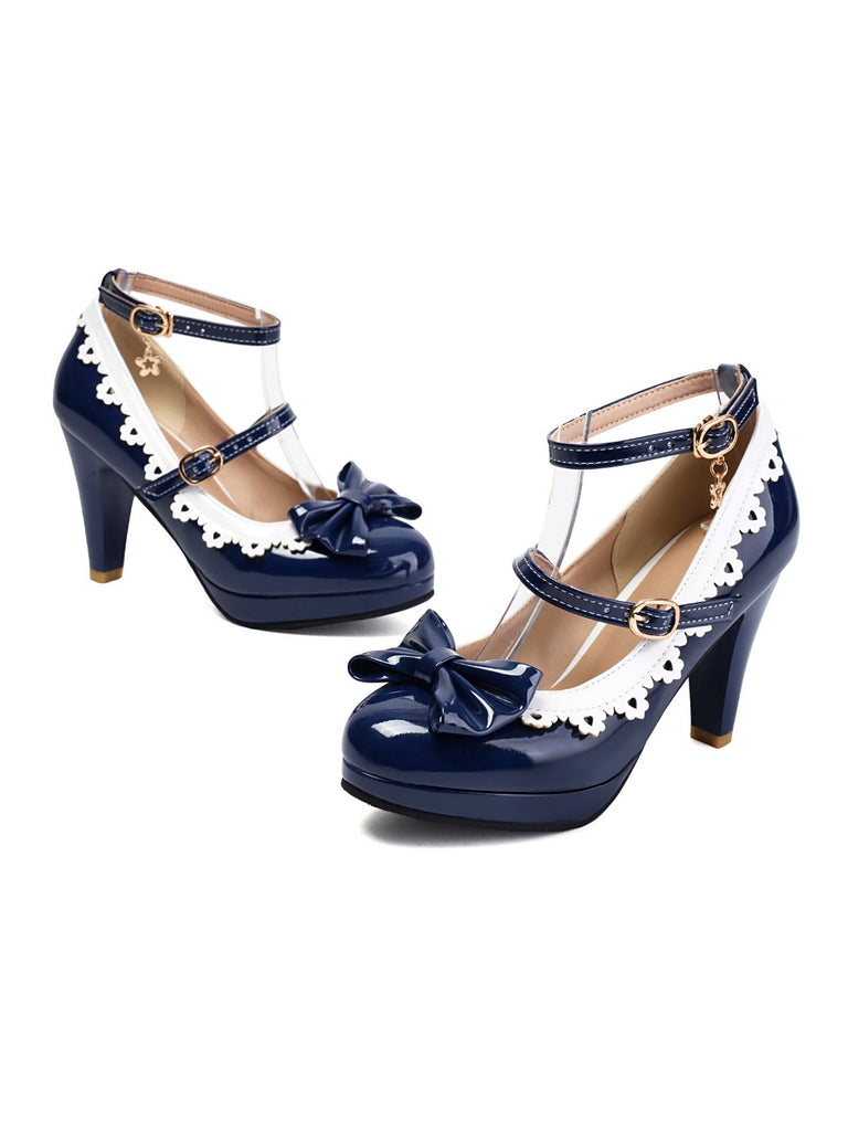 Vintage Bogen Farbblock Schnalle Mary Jane Schuhe