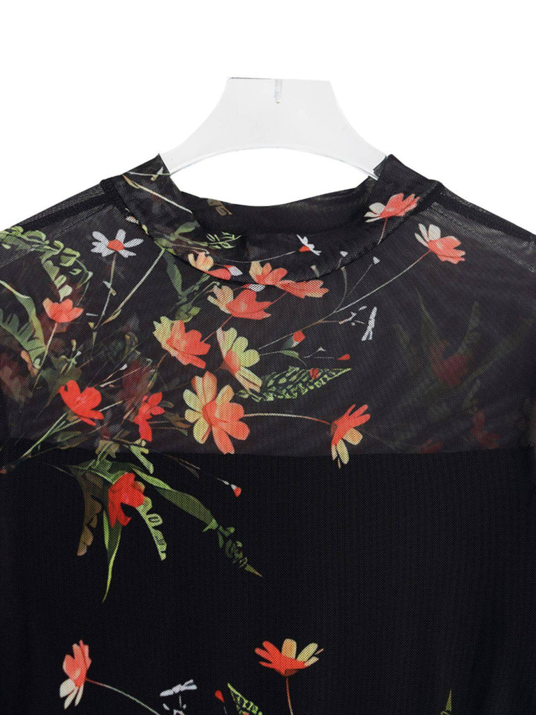 Rot 1930er Blumen Netz Rüschen Maxi Kleid