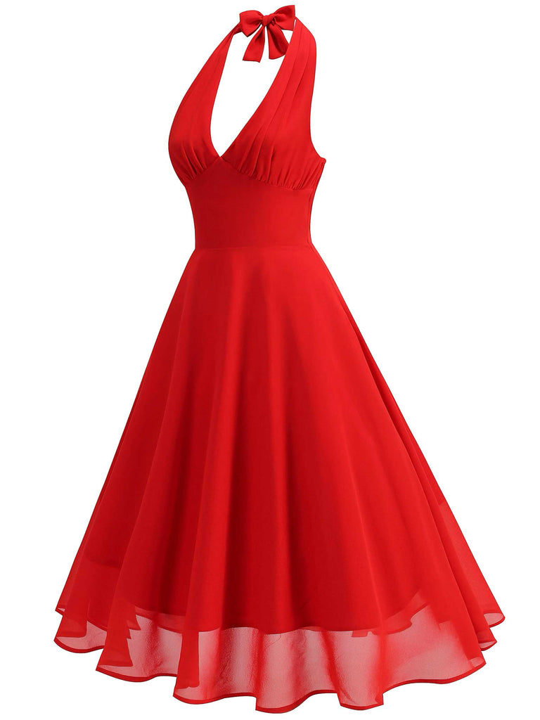 [Vorverkauf] 1950er Solide Halter V-Ausschnitt Netz Rückenfrei Kleid