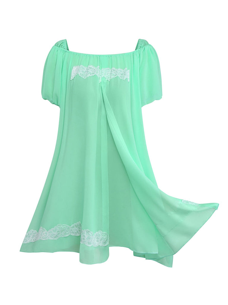Grün 1970er Spitze Puffärmel Babydoll Kleid