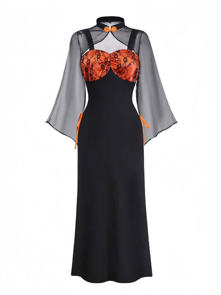 Orange 1940er Blumen Spitze Kleid mit Cape & Hut